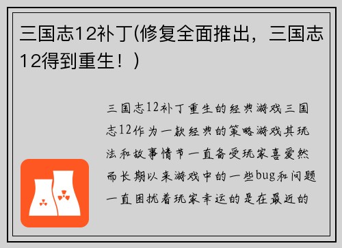 三国志12补丁(修复全面推出，三国志12得到重生！)