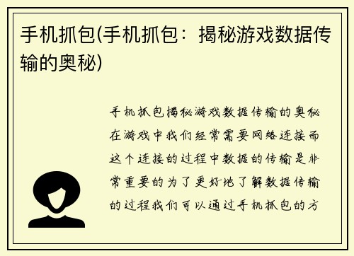 手机抓包(手机抓包：揭秘游戏数据传输的奥秘)